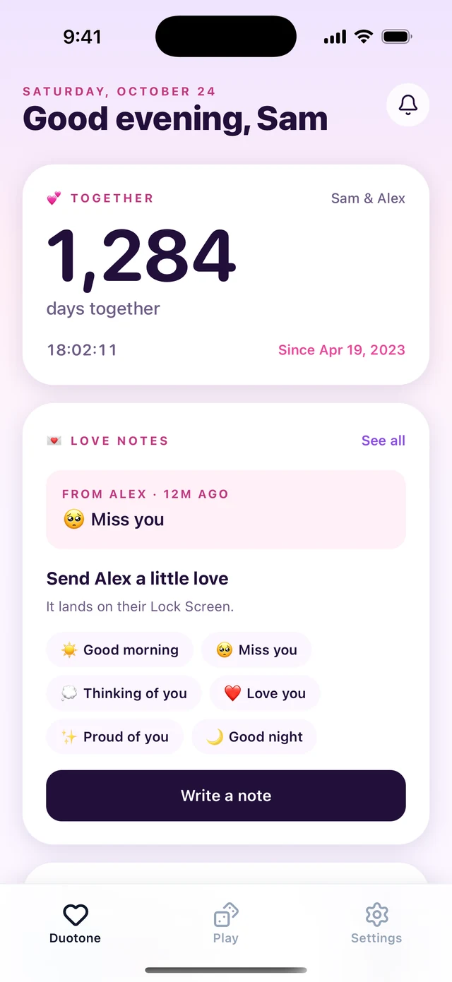 Duotone app: a love note from Alex saying Miss you, and one-tap notes to send back