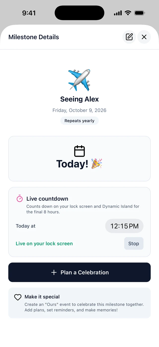 Duotone app: Seeing Alex is today, with a live countdown to 12:15 PM running on the Lock Screen
