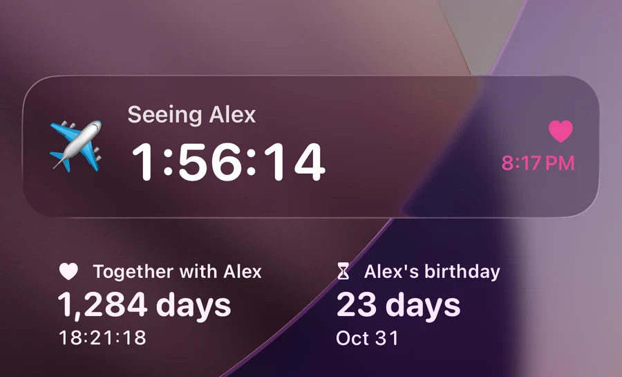 Duotone on an iPhone Lock Screen: a live countdown to seeing Alex, 1,284 days together and Alex's birthday in 23 days