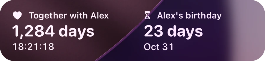 Lock Screen widgets: Together with Alex 1,284 days and Alex's birthday in 23 days
