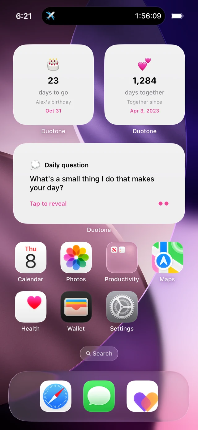 Duotone countdown, Together and Daily Question widgets on an iPhone Home Screen