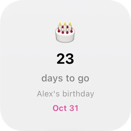 Countdown widget: Alex's birthday in 23 days, Oct 31