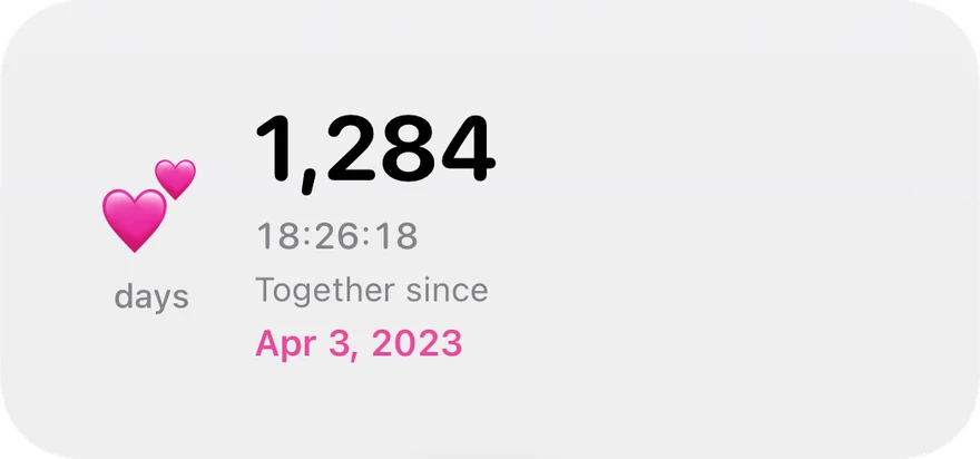 Medium Together widget: 1,284 days together, with a live timer, since Apr 3, 2023